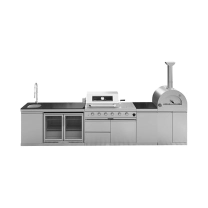 Blazon 150-Inch 4-Burner 108K BTU Outdoor Kitchen Island with Pizza Oven, Rotisserie & Refrigerator