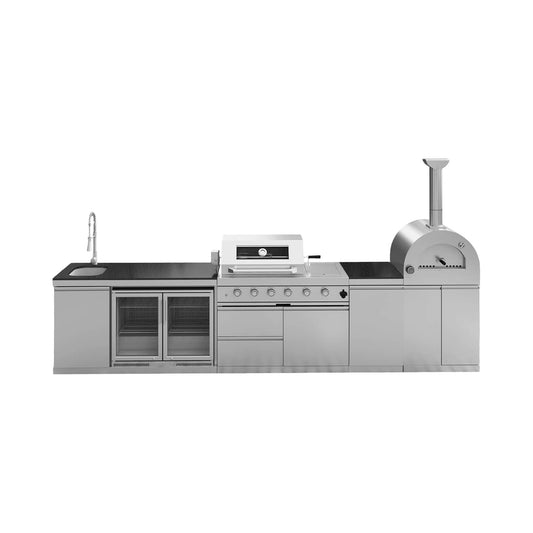 Blazon 150-Inch 4-Burner 108K BTU Outdoor Kitchen Island with Pizza Oven, Rotisserie & Refrigerator