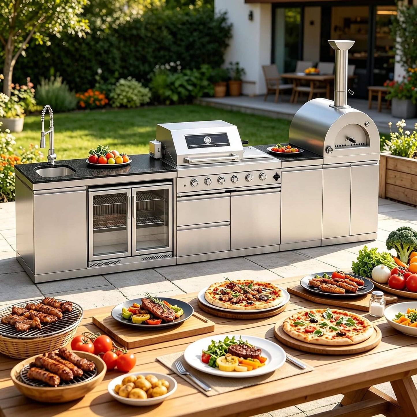 Blazon 150-Inch 4-Burner 108K BTU Outdoor Kitchen Island with Pizza Oven, Rotisserie & Refrigerator