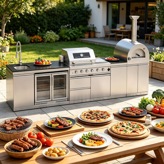 Blazon 150-Inch 4-Burner 108K BTU Outdoor Kitchen Island with Pizza Oven, Rotisserie & Refrigerator