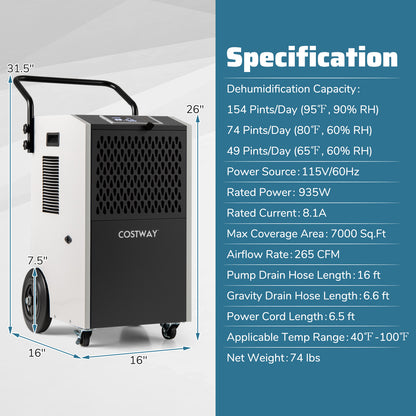 154 Pints Commercial Dehumidifier with Pump and Drain Hoses