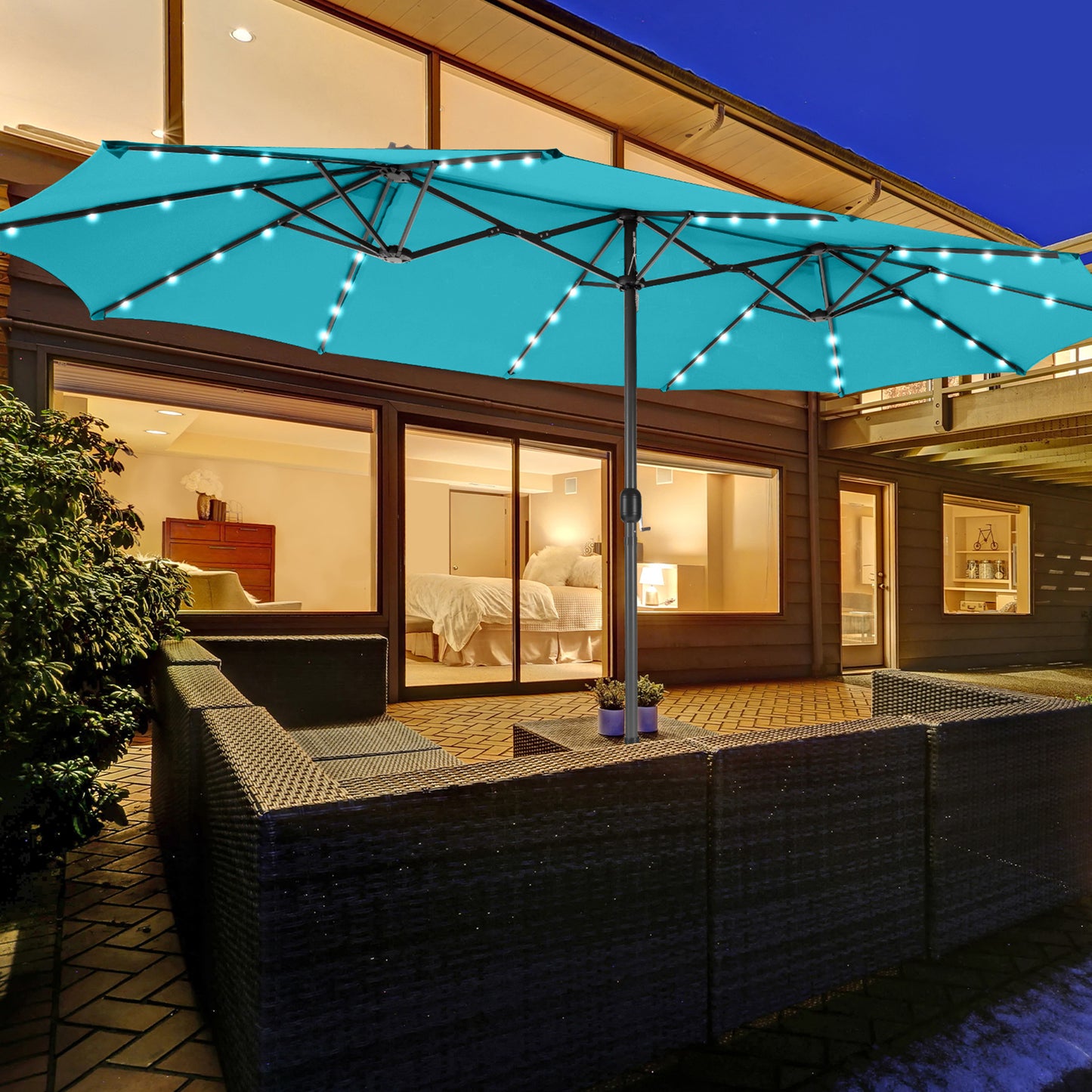 15 Feet Twin Patio Umbrella with 48 Solar LED Lights
