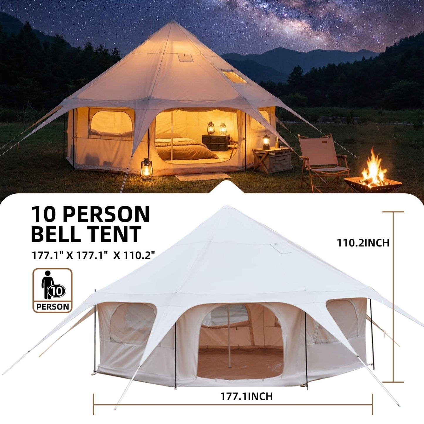 Large 15FT 600D Oxford Bell Tent with Stove Jack For Glamping and Camping