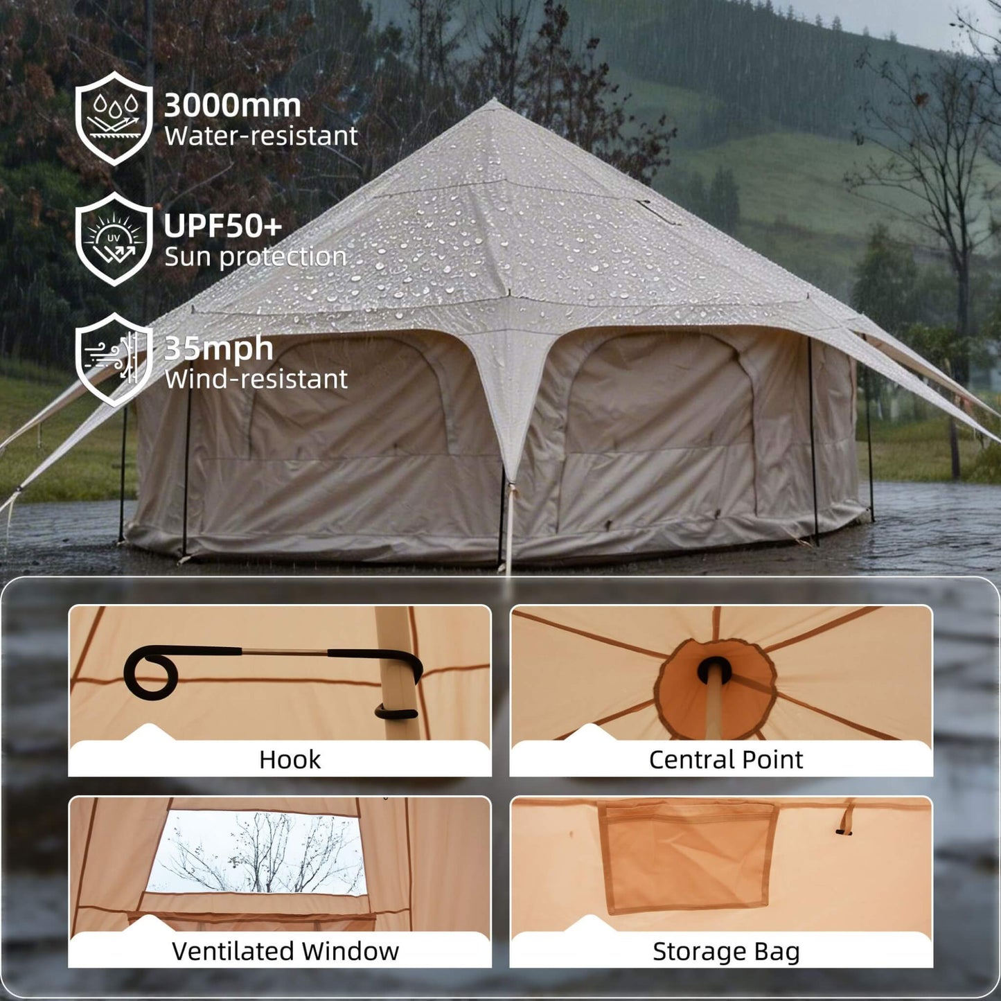 Large 15FT 600D Oxford Bell Tent with Stove Jack For Glamping and Camping