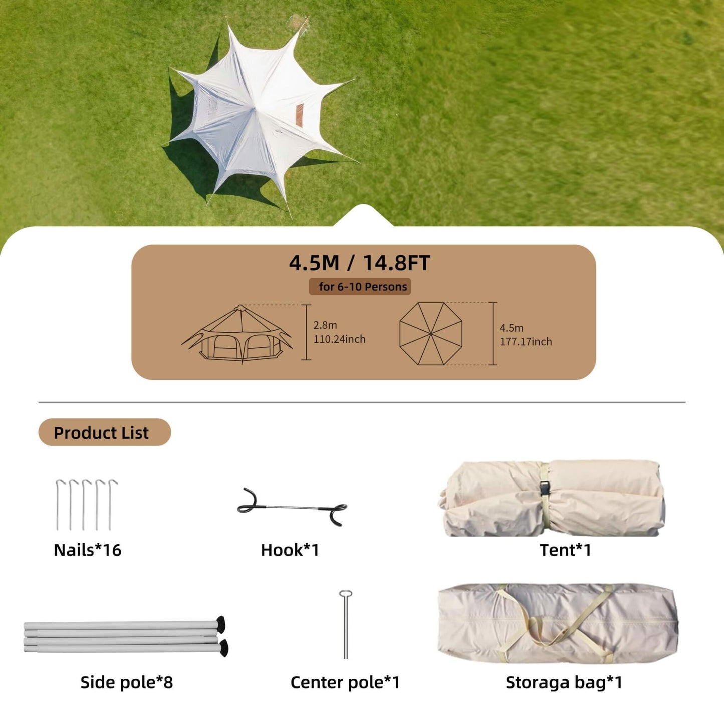 Large 15FT 600D Oxford Bell Tent with Stove Jack For Glamping and Camping