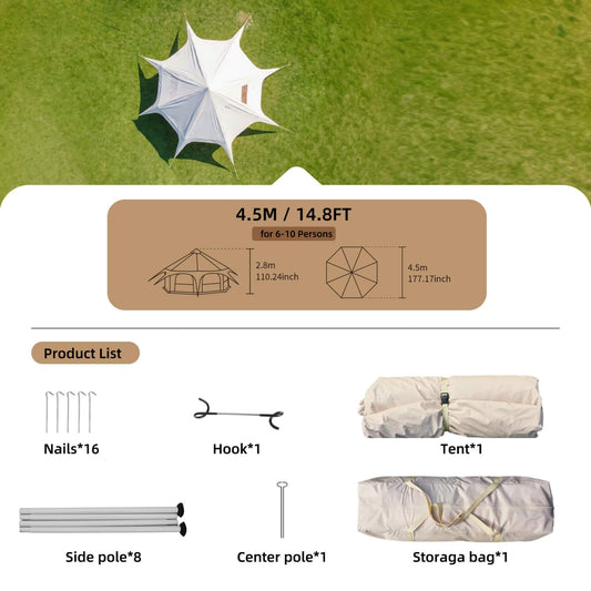 Large 15FT 600D Oxford Bell Tent with Stove Jack For Glamping and Camping