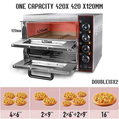 16-Inch Commercial Stainless Steel Double Deck 3000W 110V Electric Pizza Oven