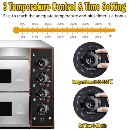 16-Inch Commercial Stainless Steel Double Deck 3000W 110V Electric Pizza Oven