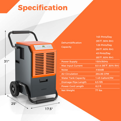163 Pints Commercial Dehumidifier with Drain Hose and 24H Timer-Gray