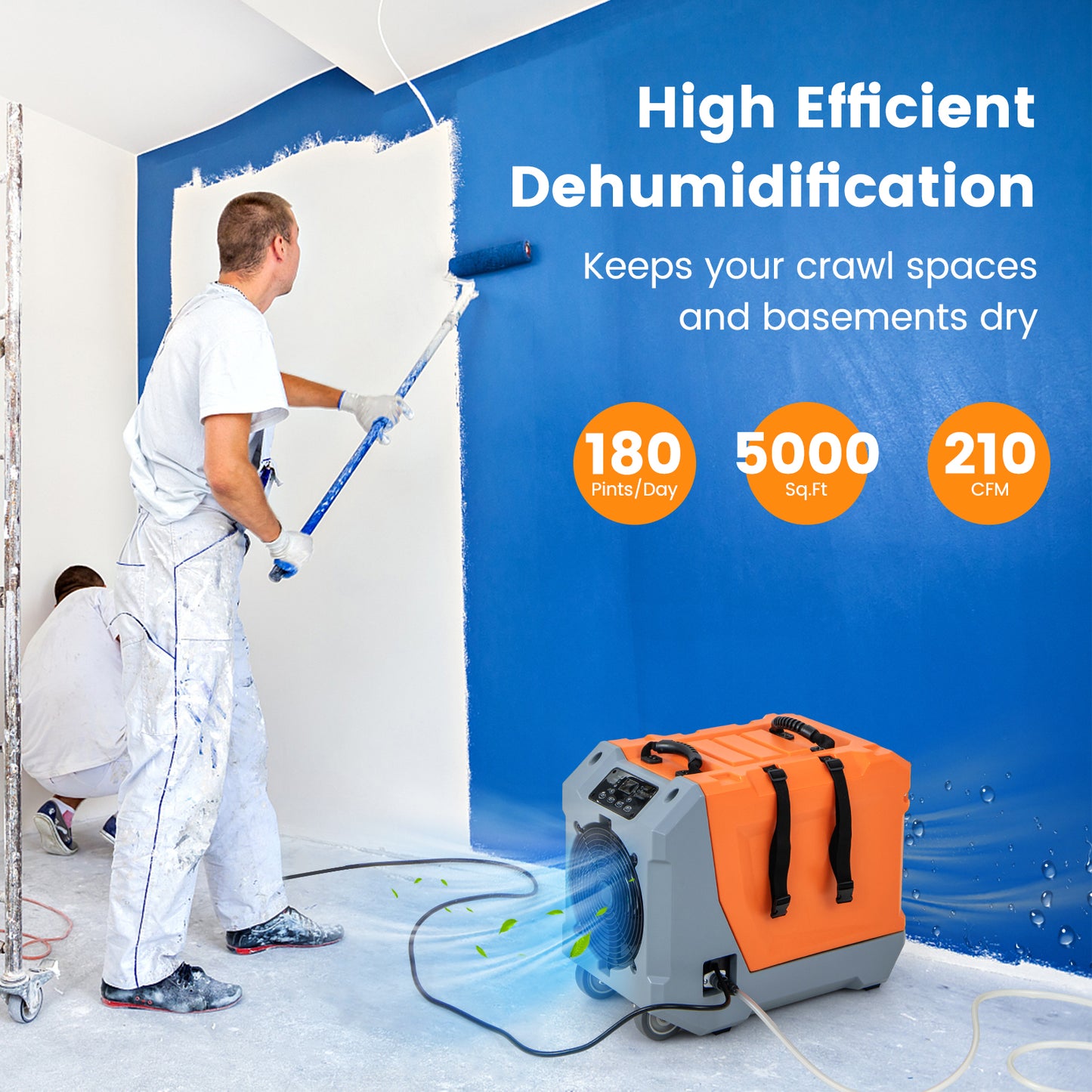 180 Pints/Day Commercial Dehumidifier with Pump and Drain Hose - Orange