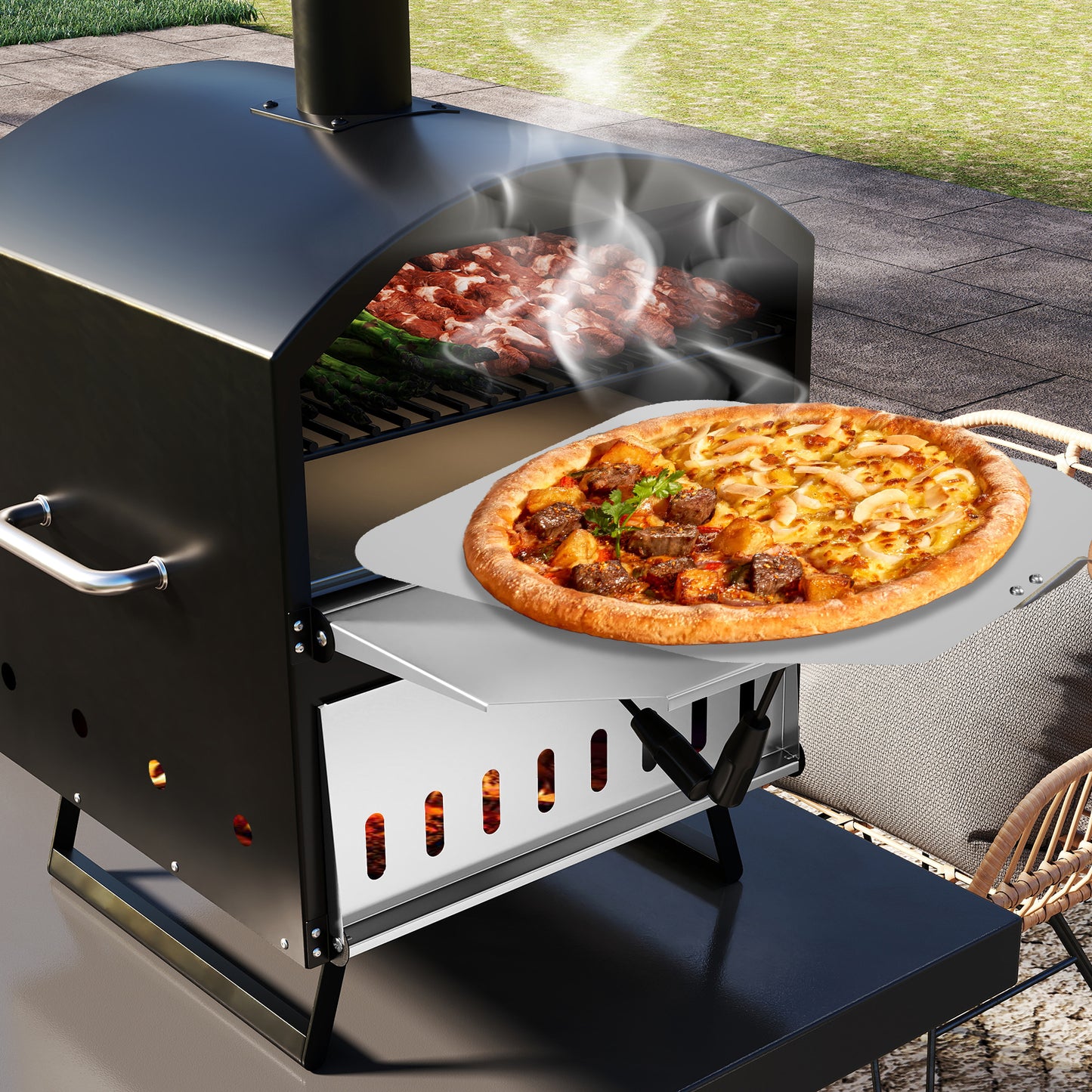 Outdoor 16 Inch 2-Layer Wood Fired Pizza Oven with Square Stone