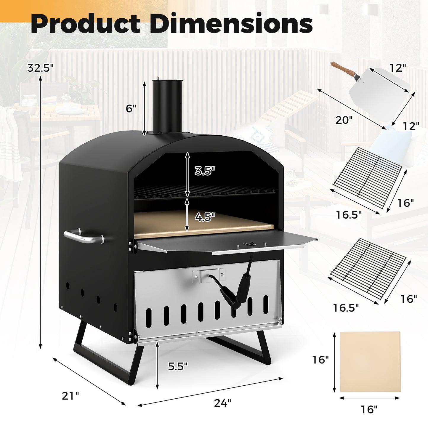Outdoor 16 Inch 2-Layer Wood Fired Pizza Oven with Square Stone