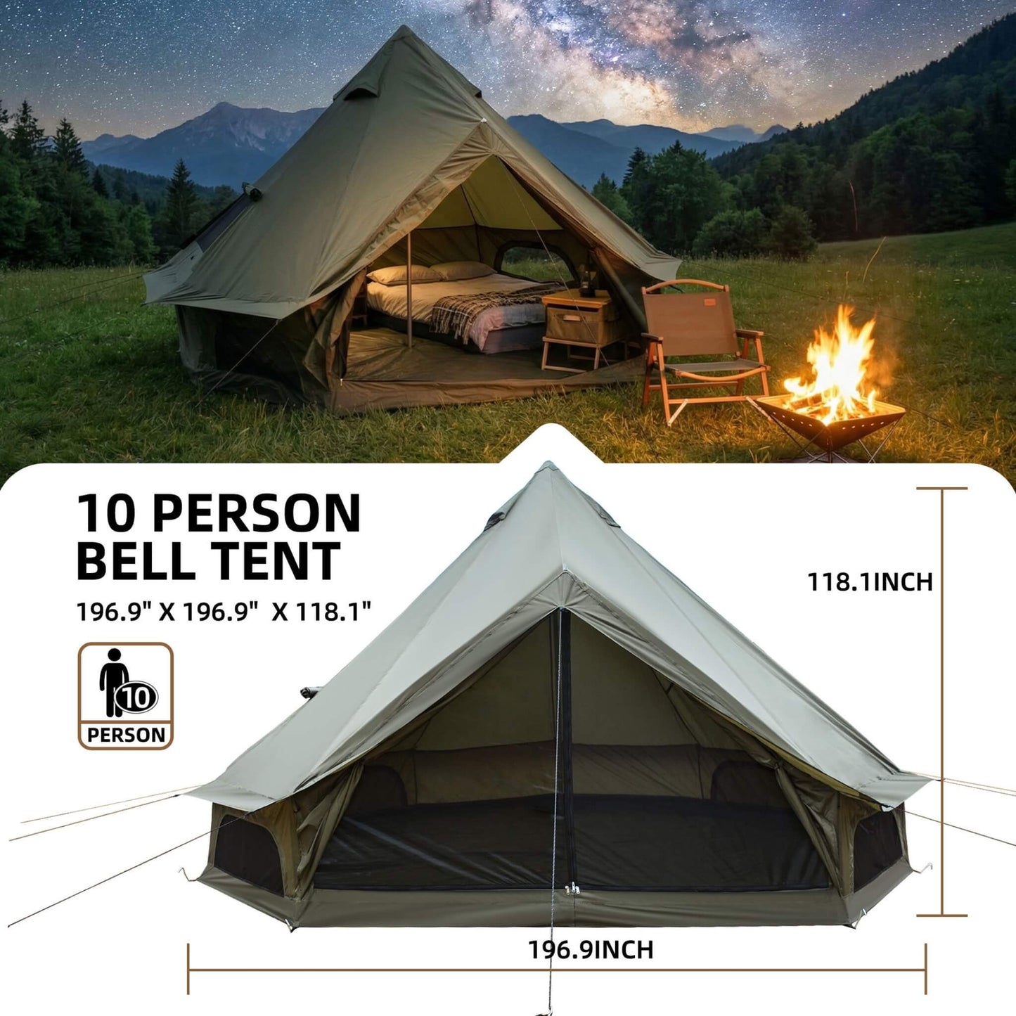 Large 16FT 10-Person All-Season Waterproof Bell Tent with Stove Jack