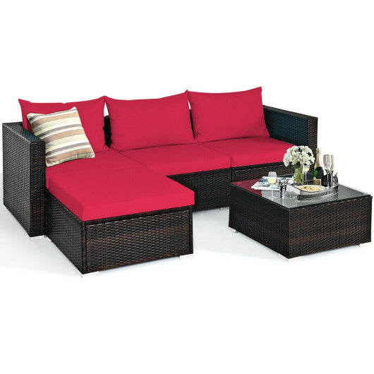 5 Pieces Patio Rattan Sectional Furniture Set with Cushions and Coffee Table - Red