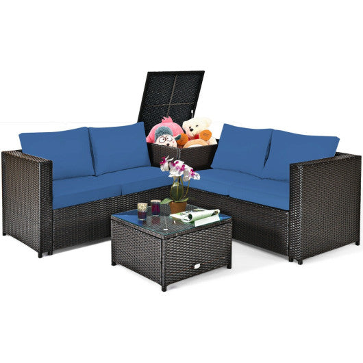 4 Pieces Outdoor Patio Rattan Furniture Set with Cushioned Loveseat and Storage Box - Navy