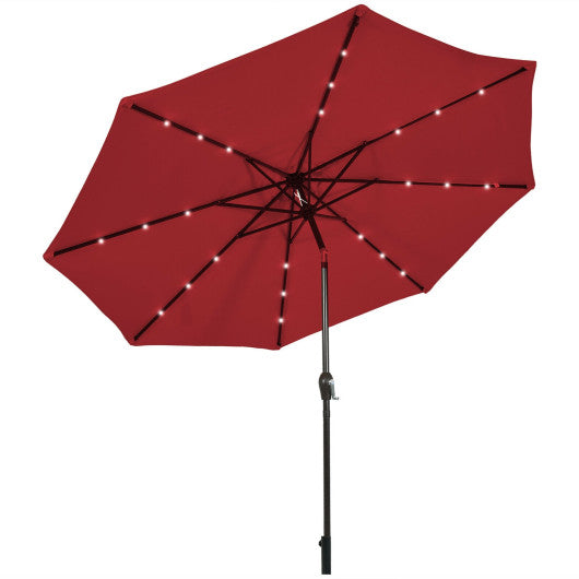 10' Solar LED Lighted Patio Market Umbrella Shade Tilt Adjustment Crank - Dark Red