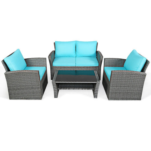 4 Pieces Patio Rattan Furniture Set Sofa Table with Storage Shelf Cushion - Turquoise