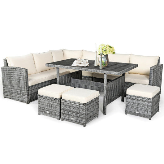 7 Pieces Patio Rattan Dining Furniture Sectional Sofa Set with Wicker Ottoman - Beige