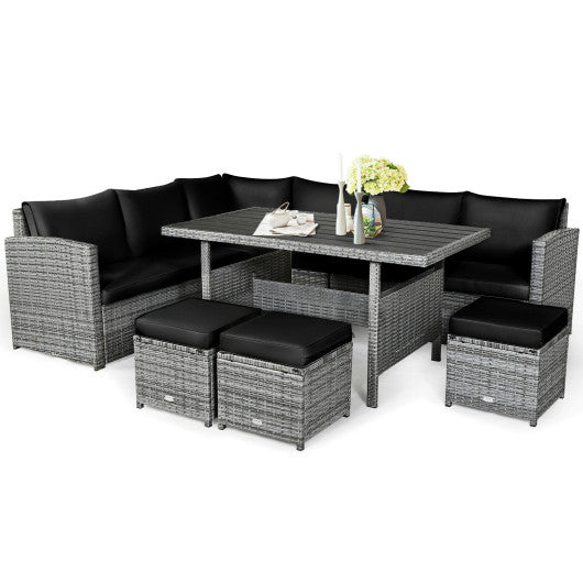 7 Pieces Patio Rattan Dining Furniture Sectional Sofa Set with Wicker Ottoman - Black
