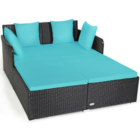 Spacious Outdoor Rattan Daybed with Upholstered Cushions and Pillows - Turquoise