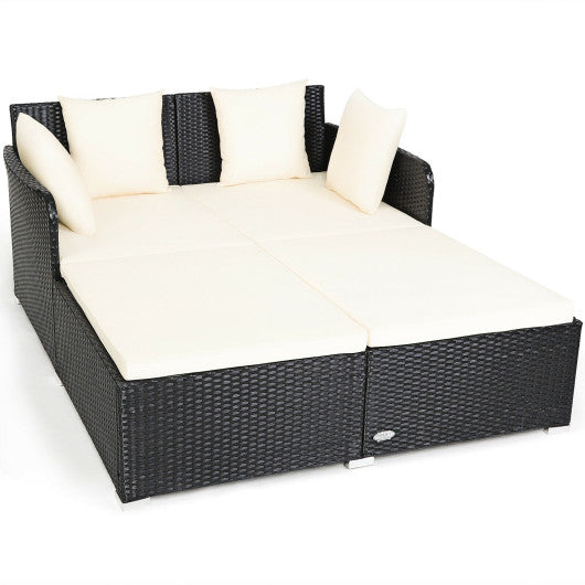 Spacious Outdoor Rattan Daybed with Upholstered Cushions and Pillows - White