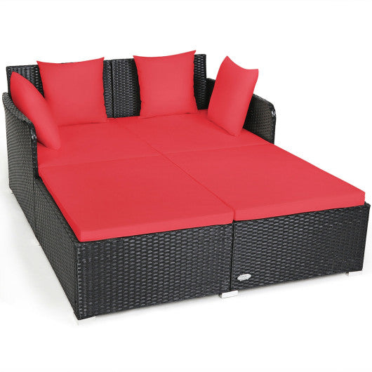Spacious Outdoor Rattan Daybed with Upholstered Cushions and Pillows - Red