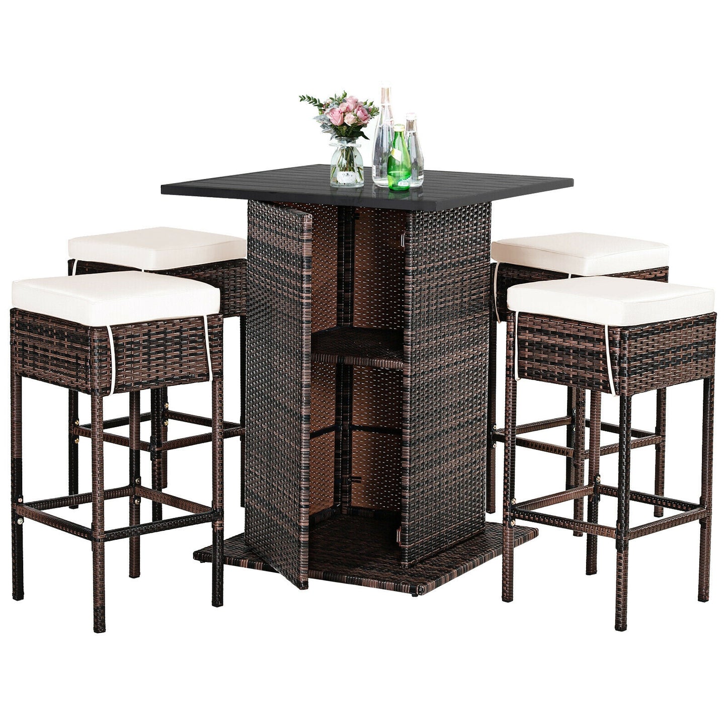 5 Pieces Patio Rattan Bar Table Stool Set Hidden Storage Shelf Cushioned