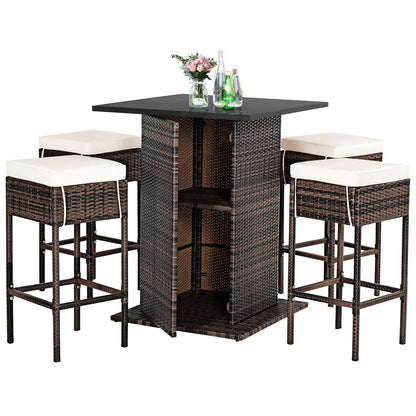 5 Pieces Patio Rattan Bar Table Stool Set Hidden Storage Shelf Cushioned