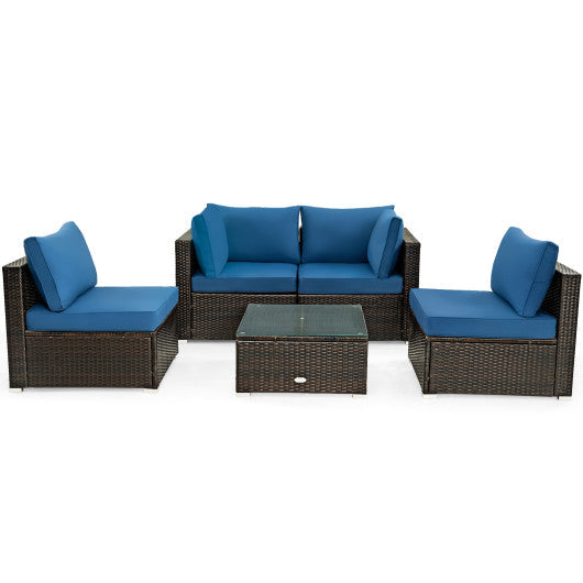 5 Pieces Cushioned Patio Rattan Furniture Set with Glass Table - Navy