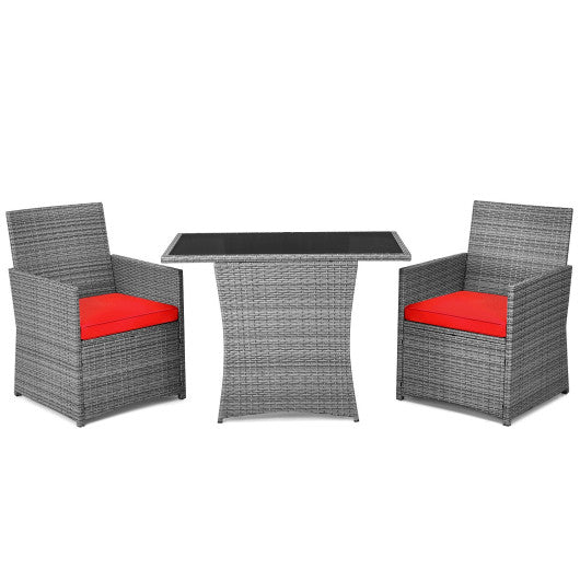 3 Pieces Patio Rattan Furniture Set with Cushioned Armrest Sofa - Red