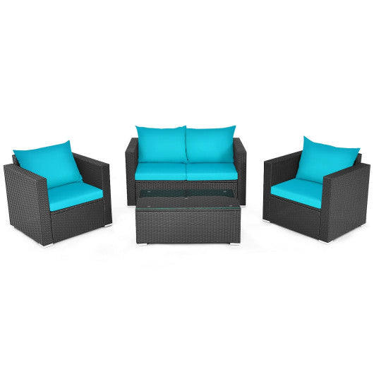 4PCS Patio Rattan Cushioned Furniture Set - Turquoise