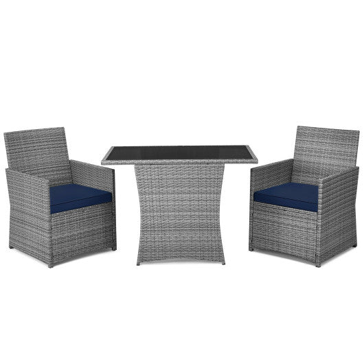 3 Pieces Patio Rattan Furniture Set with Cushioned Armrest Sofa -  Navy