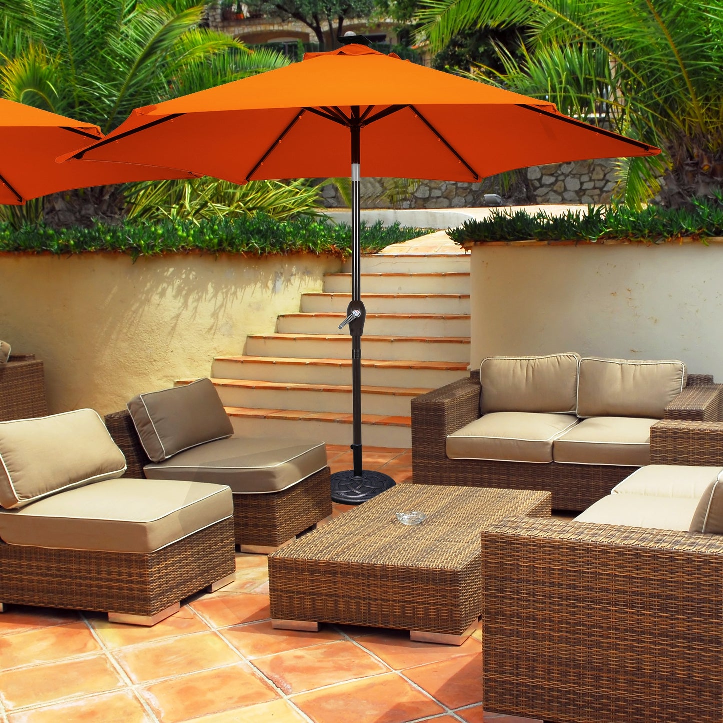 9 Feet Solar LED Lighted Patio Market Umbrella Tilt Adjustment Crank Lift-Beige