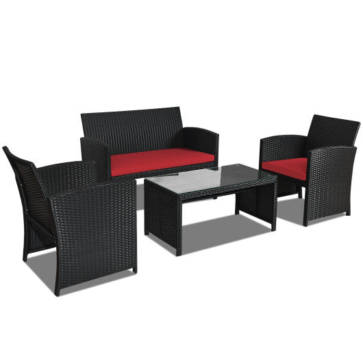 4 Pieces Rattan Patio Furniture Set with Weather Resistant Cushions and Tempered Glass Tabletop - Red