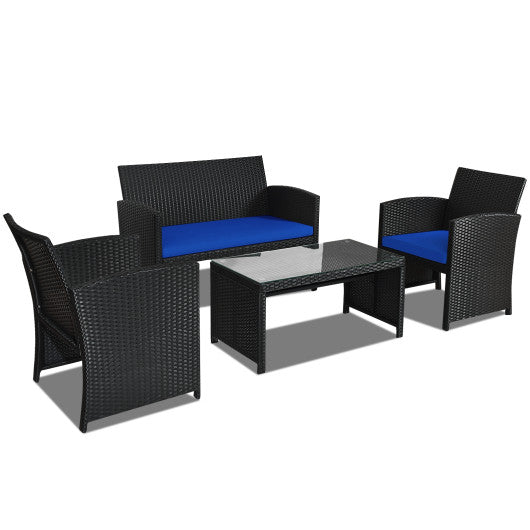 4 Pieces Rattan Patio Furniture Set with Weather Resistant Cushions and Tempered Glass Tabletop - Navy