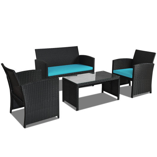 4 Pieces Rattan Patio Furniture Set with Weather Resistant Cushions and Tempered Glass Tabletop - Turquoise