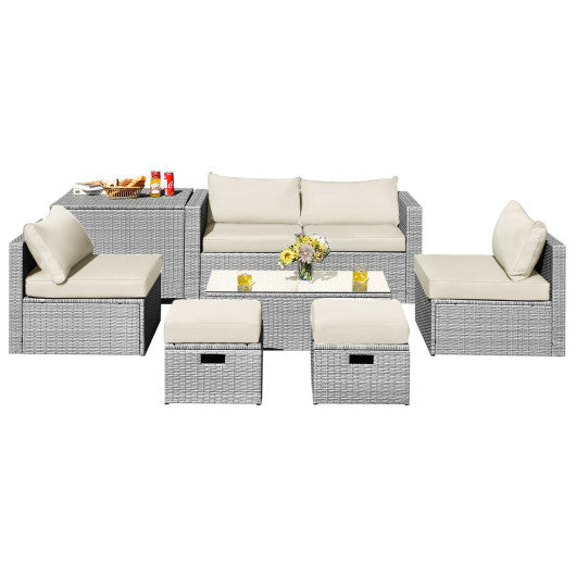8 Pieces Patio Rattan Furniture Set with Storage Waterproof Cover and Cushion - Off White