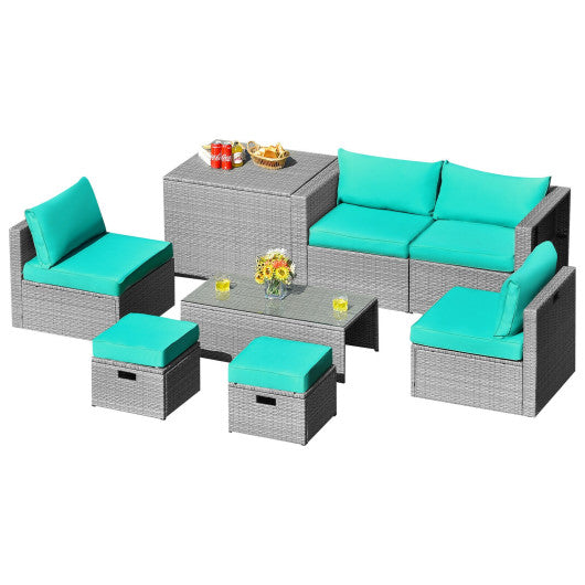 8 Pieces Patio Rattan Furniture Set with Storage Waterproof Cover and Cushion - Turquoise