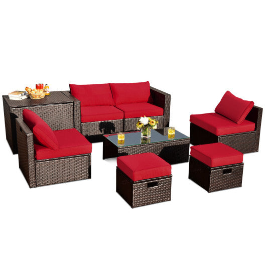 8 Pieces Patio Space-Saving Rattan Furniture Set with Storage Box and Waterproof Cover - Red