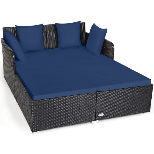Spacious Outdoor Rattan Daybed with Upholstered Cushions and Pillows - Navy