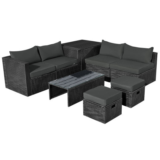 8 Pieces Patio Rattan Storage Table Furniture Set - Gray
