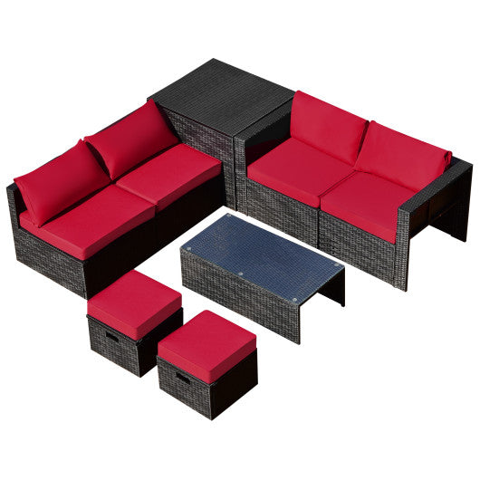 8 Pieces Patio Rattan Storage Table Furniture Set - Red