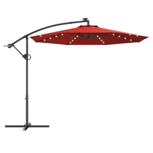 10 ft 360° Rotation Solar Powered LED Patio Offset Umbrella without Weight Base - Dark Red