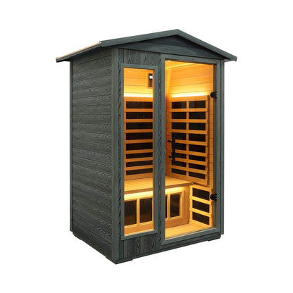 Thermora Premium 2-Person Black Carbonized Walnut Low EMF Far Infrared Outdoor Sauna with Bluetooth Audio and LED Lighting