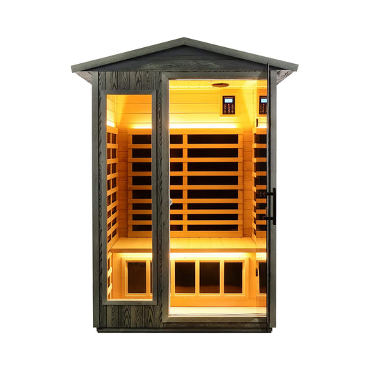 Thermora Premium 2-Person Black Carbonized Walnut Low EMF Far Infrared Outdoor Sauna with Bluetooth Audio and LED Lighting