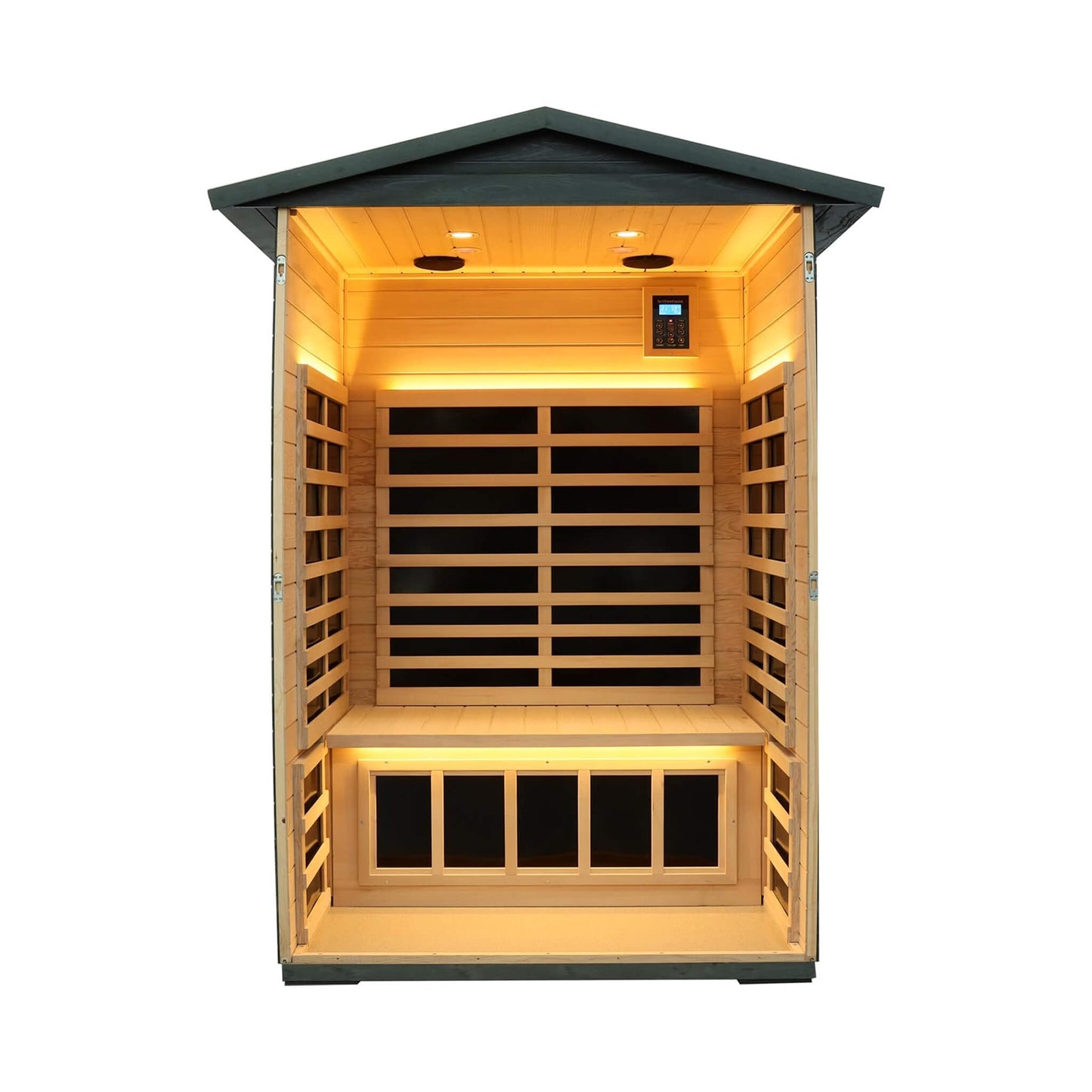 Thermora Premium 2-Person Black Carbonized Walnut Low EMF Far Infrared Outdoor Sauna with Bluetooth Audio and LED Lighting