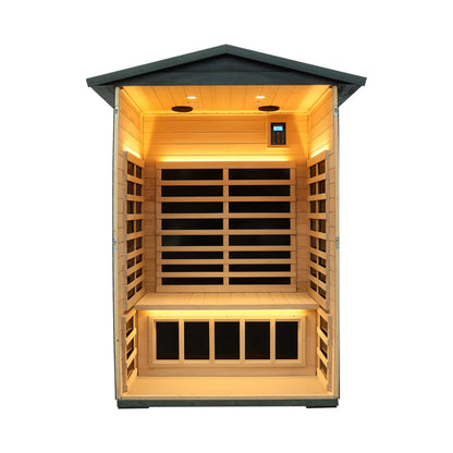 Thermora Premium 2-Person Black Carbonized Walnut Low EMF Far Infrared Outdoor Sauna with Bluetooth Audio and LED Lighting