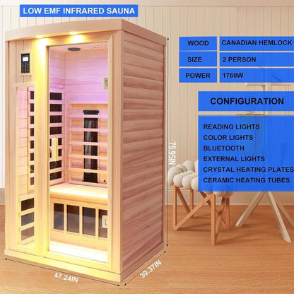 Thermora Premium 2-Person Low EMF FAR-Infrared Heat Wood Home Personal Spa Sauna with Ceramic Heaters 1760W