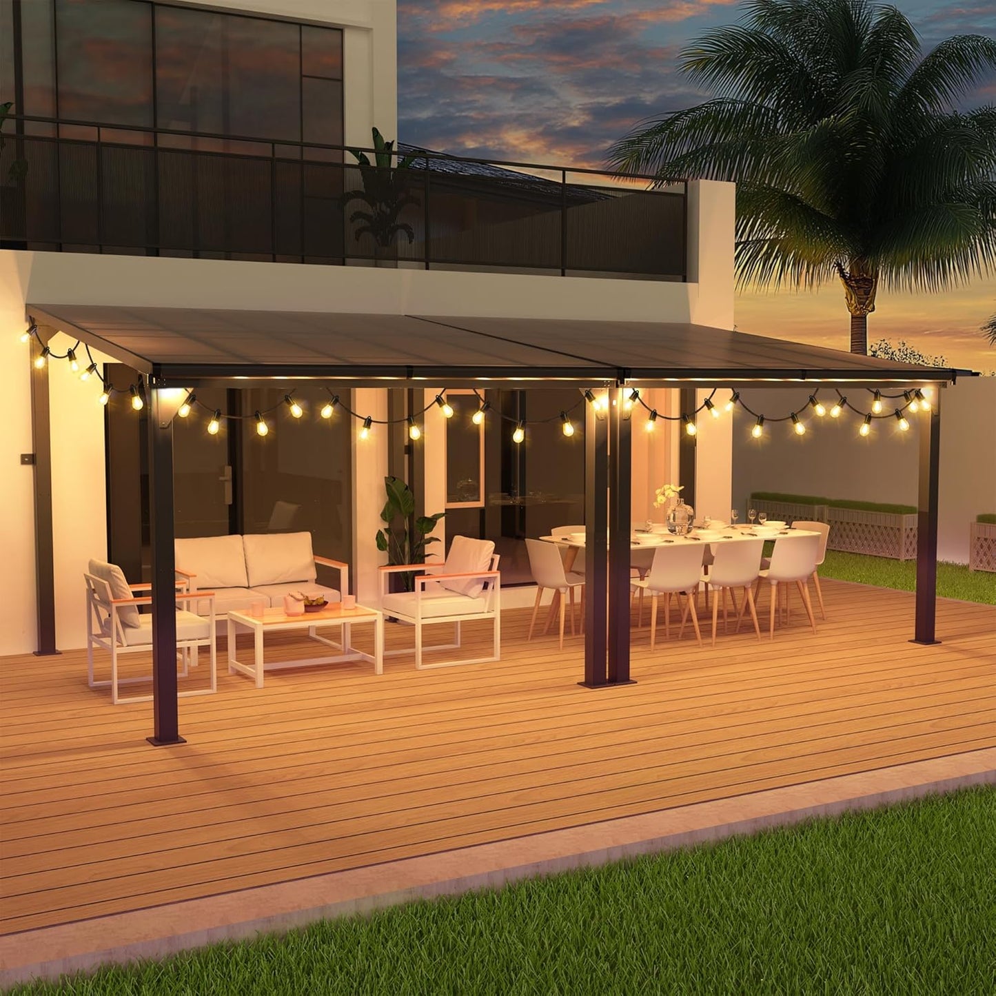 Pamapic Hardtop Lean to Gazebo with Polycarbonate Roof for Patio, Deck