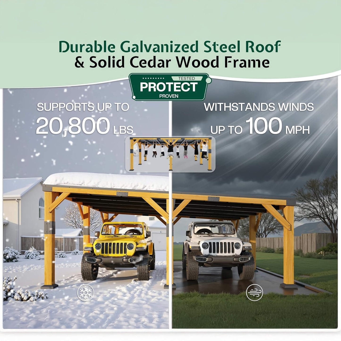 20' x 20' FT Alora Heavy-Duty All-Weather Outdoor Cedar Wood Carport With Galvanized Steel Roof